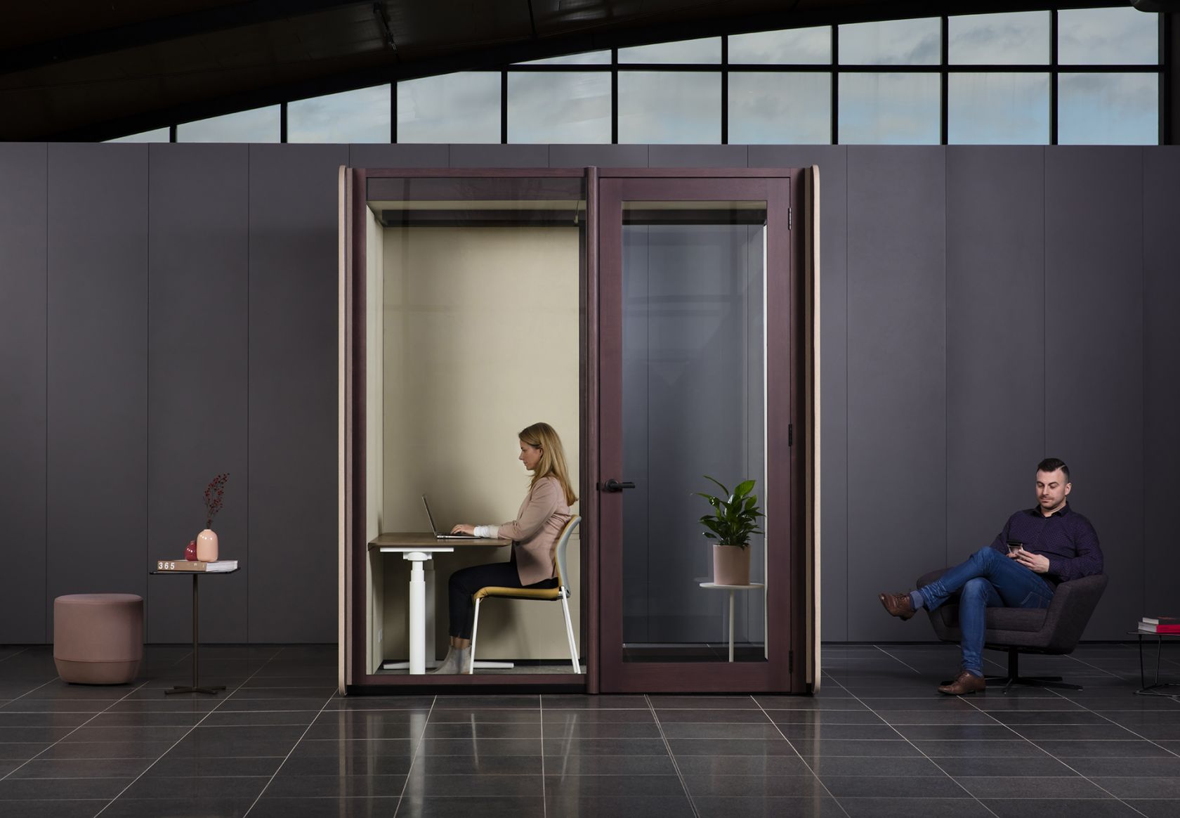 door, adult, female, person, woman, male, man, sitting, plant, shoe