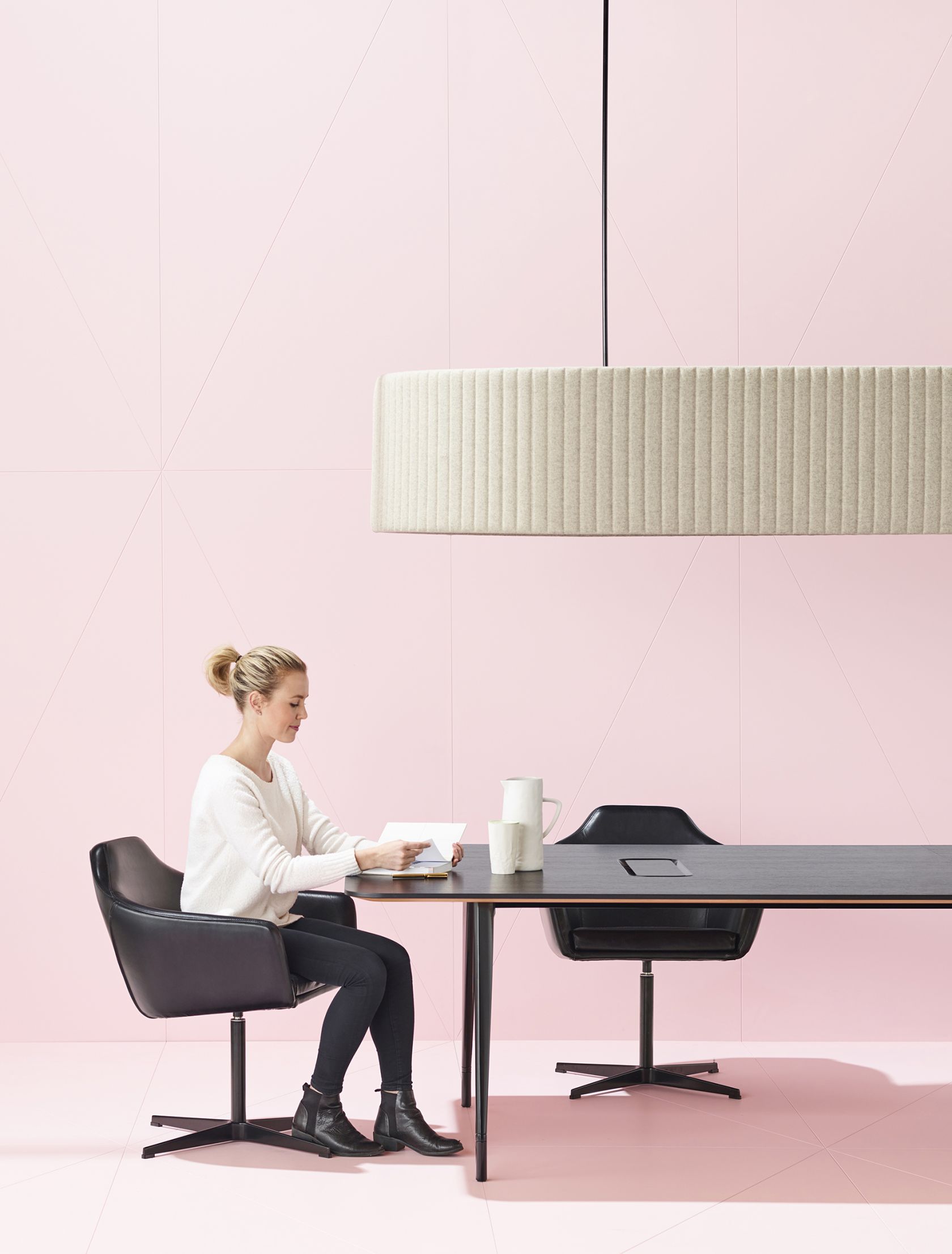 furniture, table, person, sitting, desk, adult, female, woman, lamp, chair