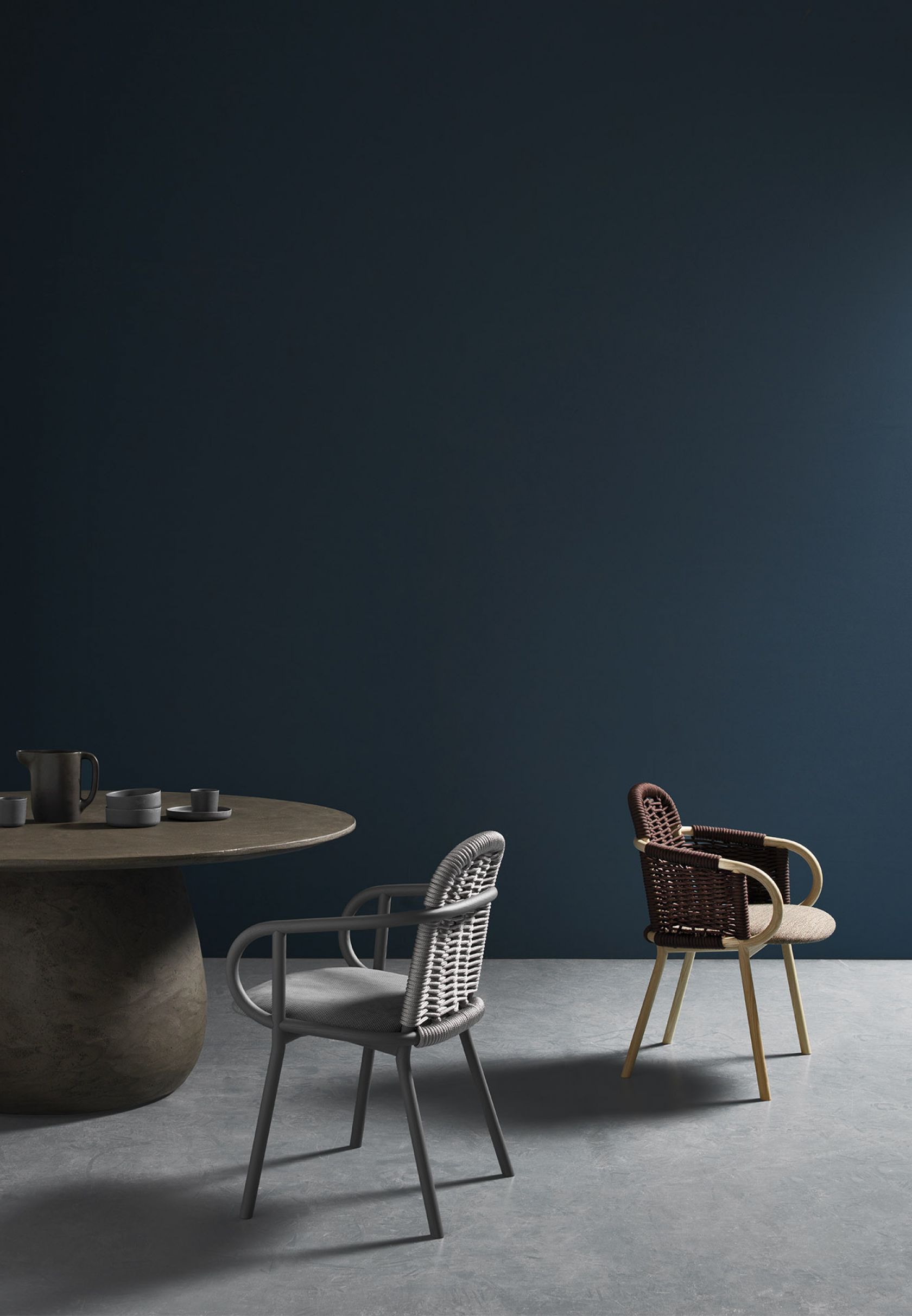 chair, furniture, indoors, interior design, cup, floor, armchair, dining table, table