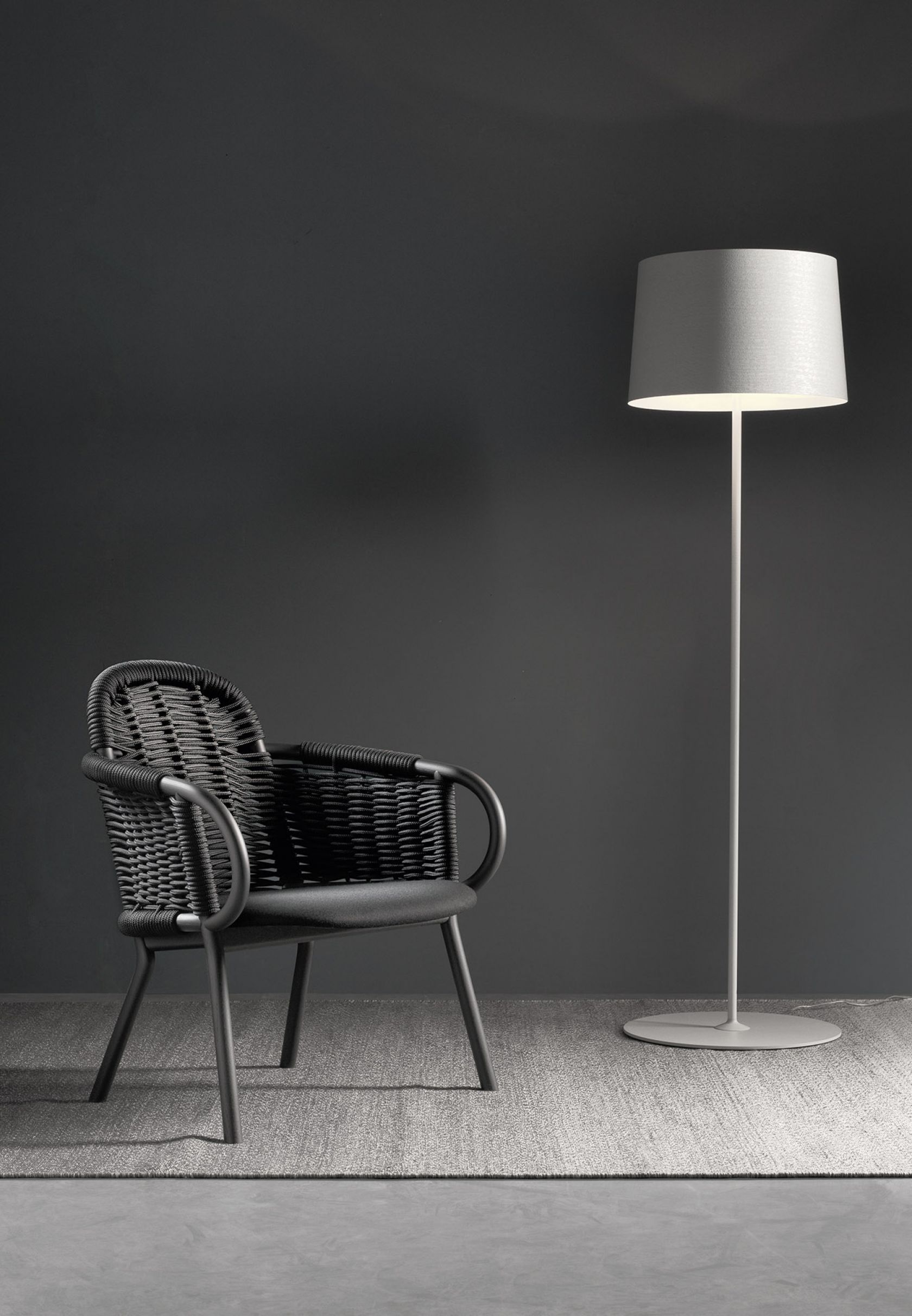 lamp, chair, furniture, home decor, rug, armchair, floor lamp