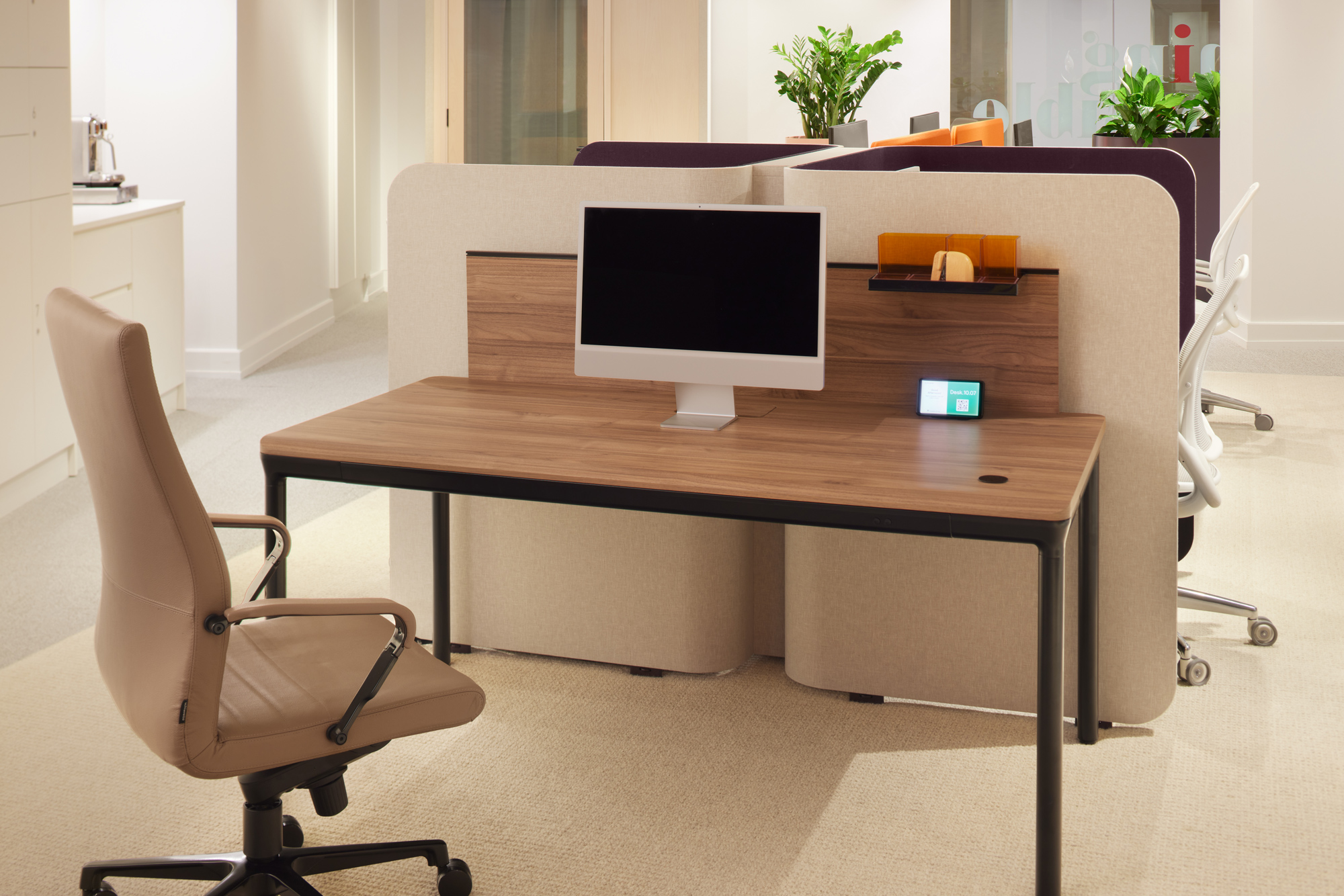 furniture, table, desk, chair, electronics, monitor, screen, computer, indoors, plant