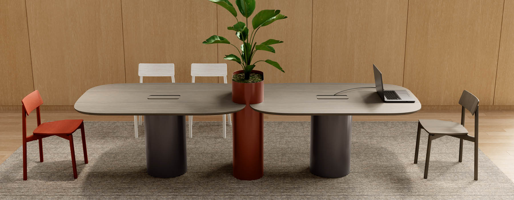 dining table, furniture, table, dining room, chair, tabletop, plant, potted plant, laptop, desk