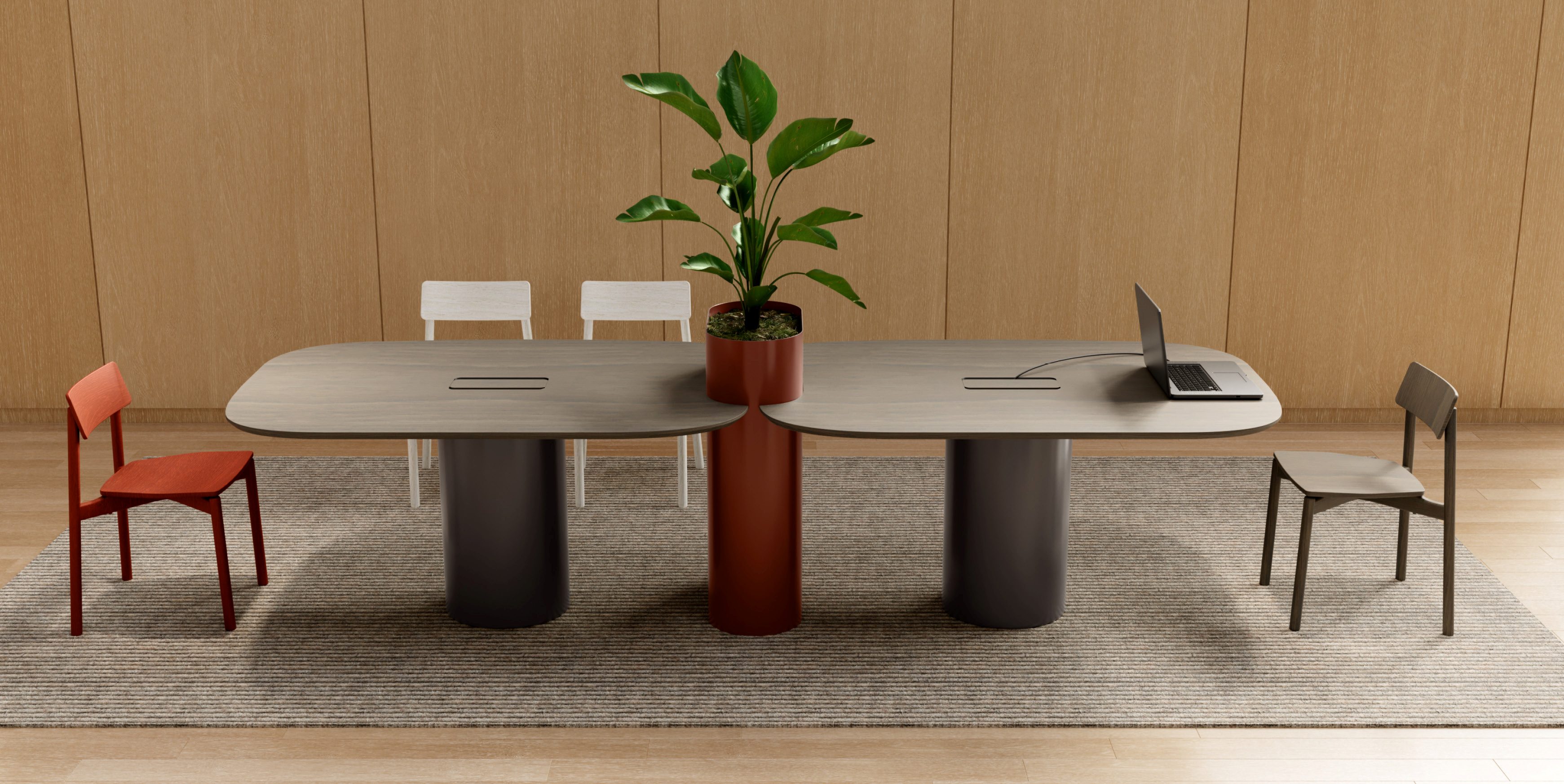 dining table, furniture, table, dining room, plant, potted plant, chair, tabletop, laptop, rug