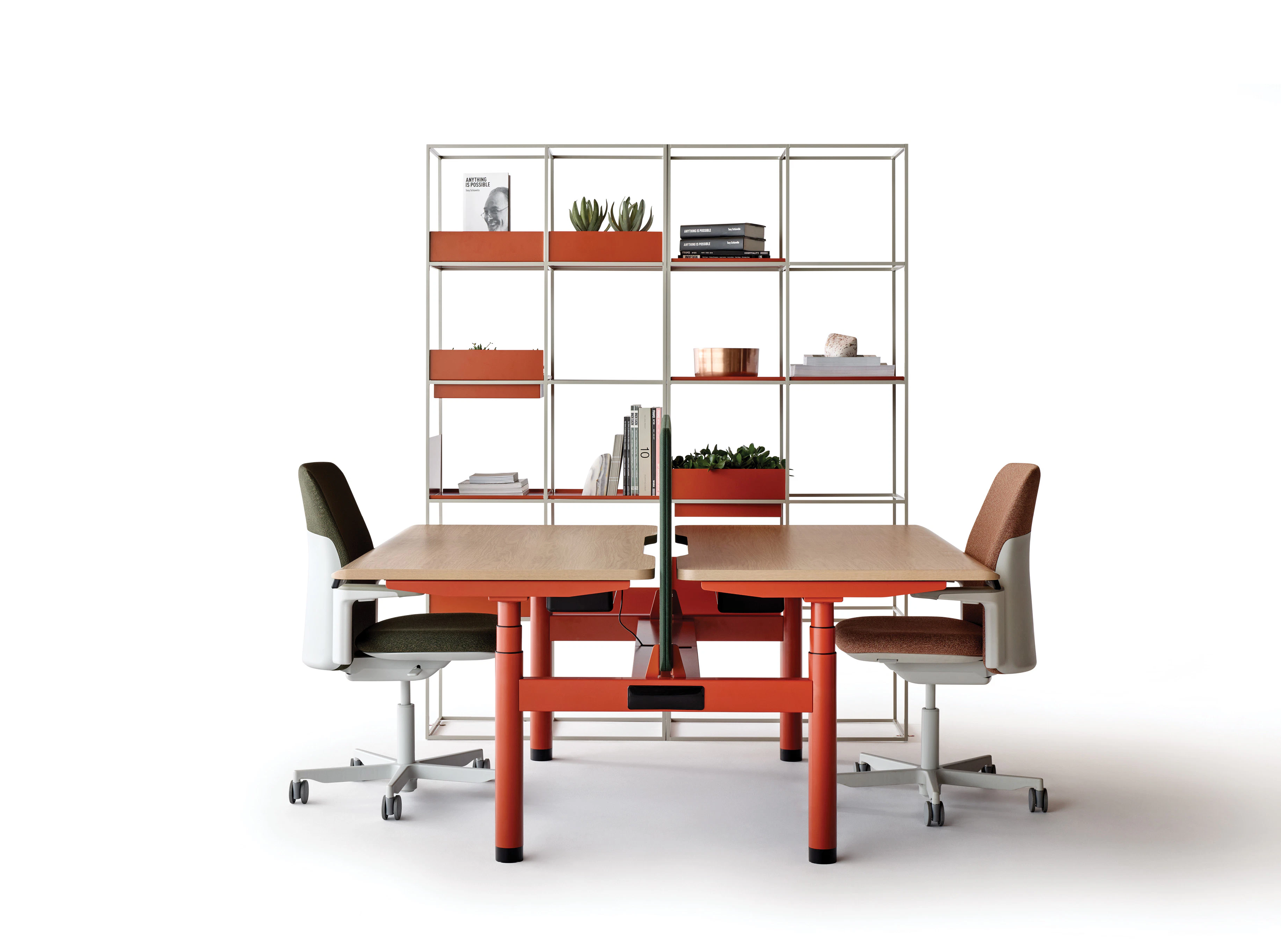 furniture, table, desk, chair, dining table, indoors, plant, person, computer, electronics