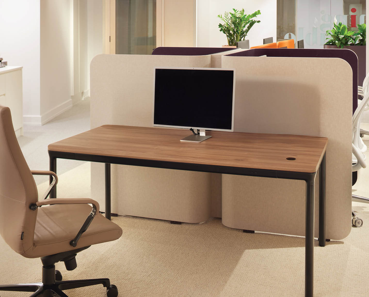furniture, table, desk, chair, plant, computer, electronics, monitor, screen, indoors