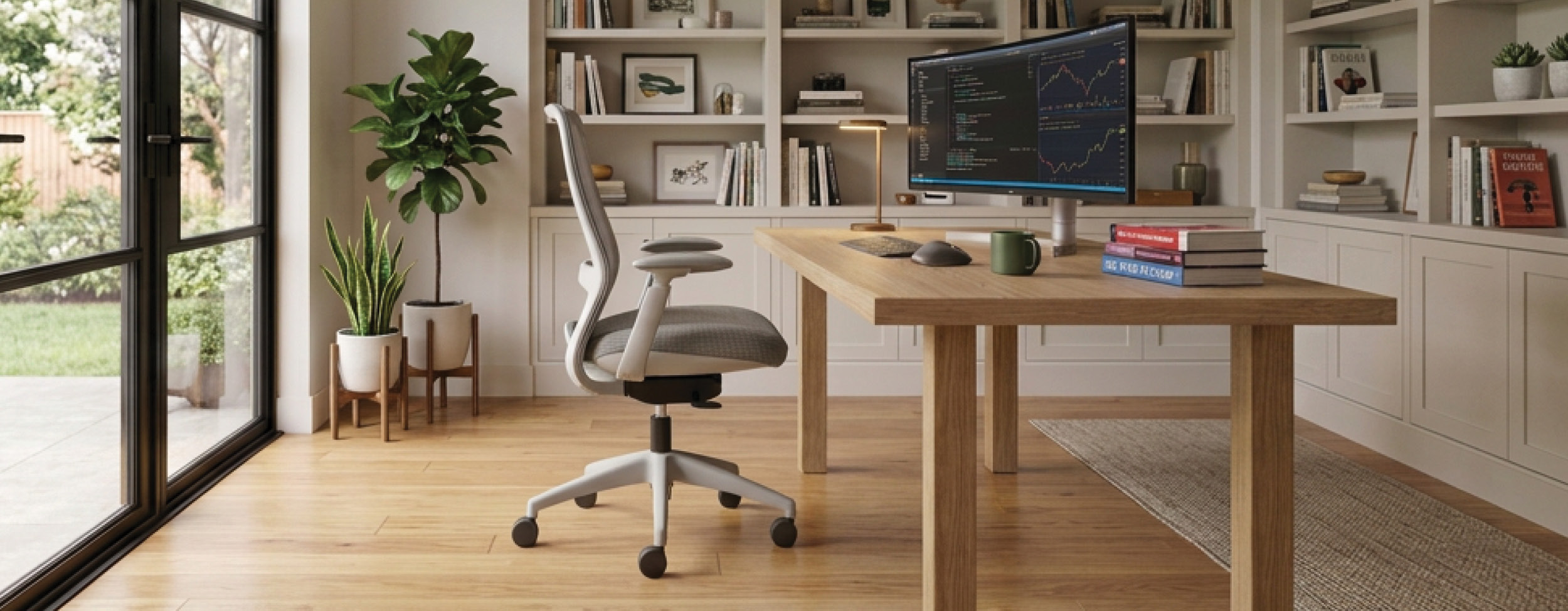 furniture, indoors, chair, plant, table, monitor, office, desk, office chair, cup
